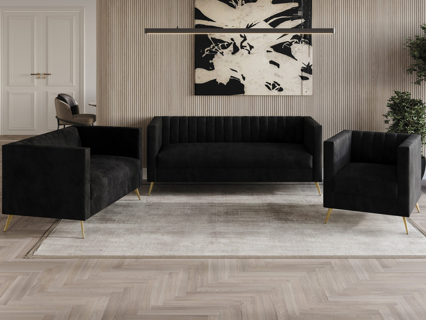 Home Design Weiss Velvet Square Arm Chair with Channel-Tufted Back and Gold Metal Legs, Modern Upholstered Living Room Seating, Dark Gray