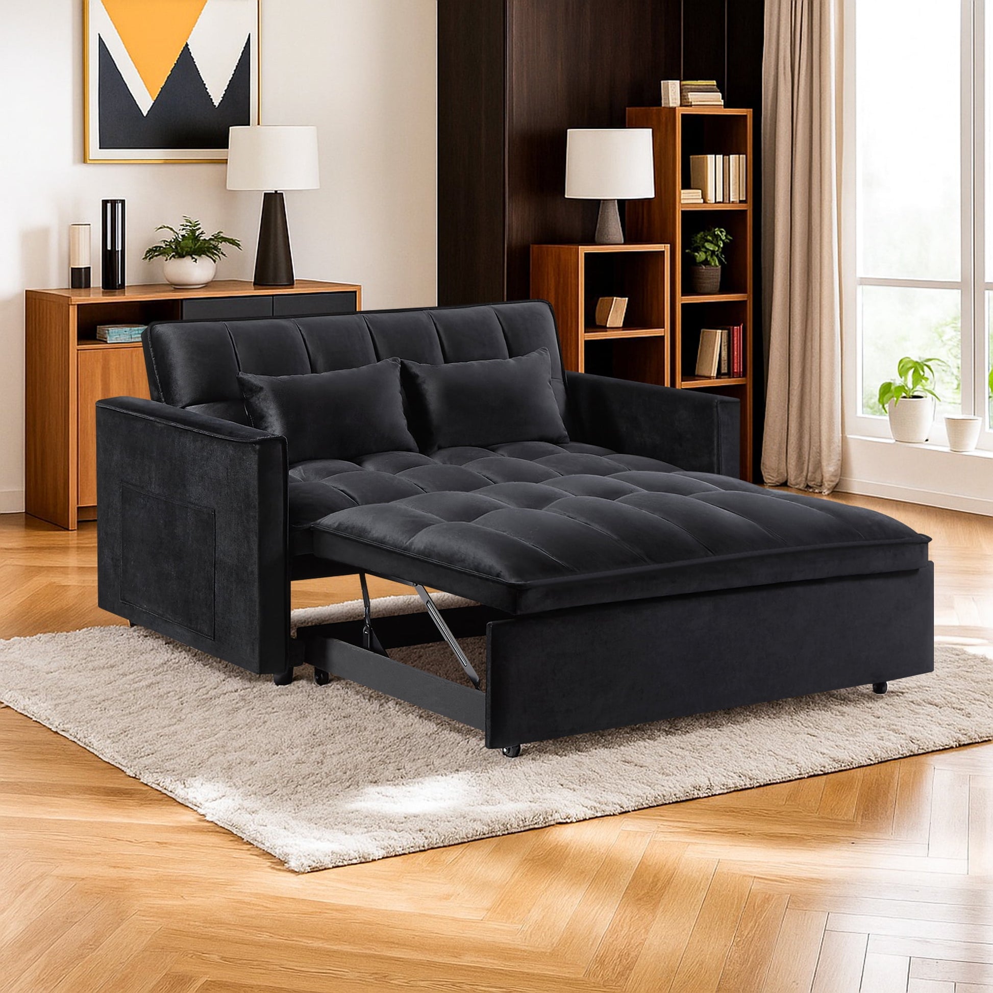 Hommoo 3 in 1 Convertible Pull Out Sofa Futon Bed, Loveseat Sleeper Sofa, Black
