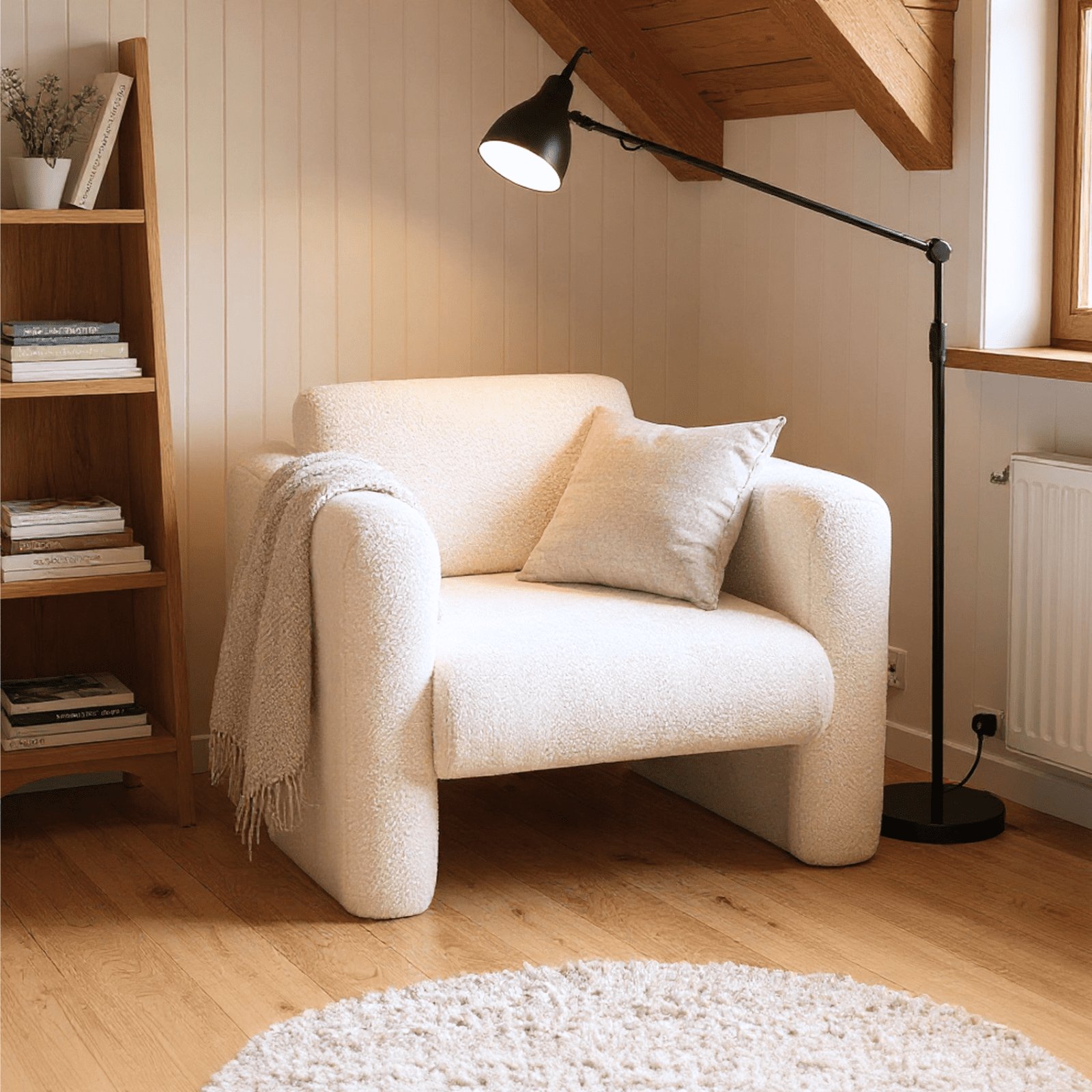 Homy Casa Modern Accent Chair with Wide Arms, Upholstered Reading Armchair, Cream White Bouclé