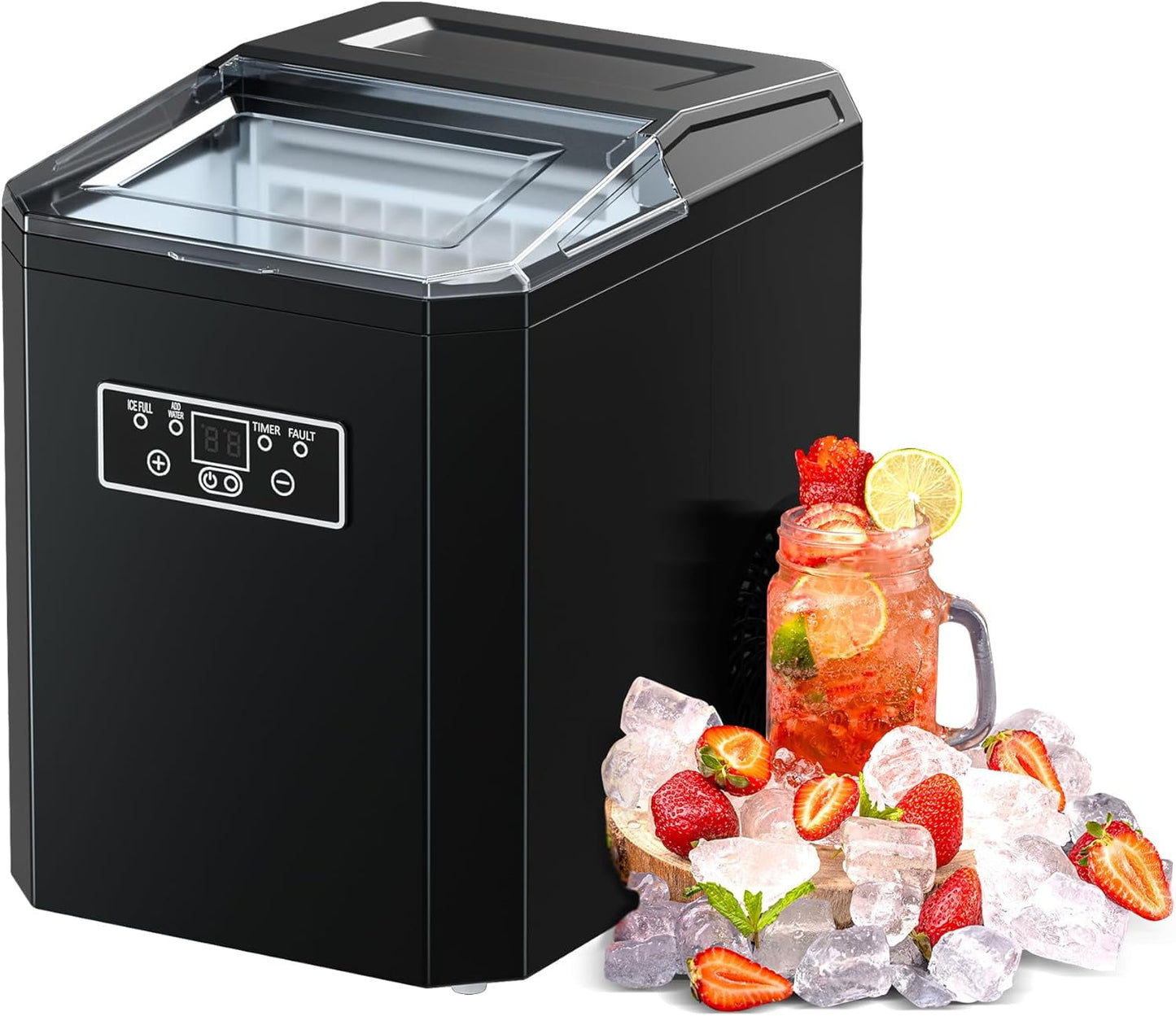 Ice Cube Maker, Counter Top Ice Maker with 2 Ways to Add Water, 44 LBS/24H Ice Machine with Transparent Lid Perfect for Home, Office, Kitchen, RV, Basement Bars