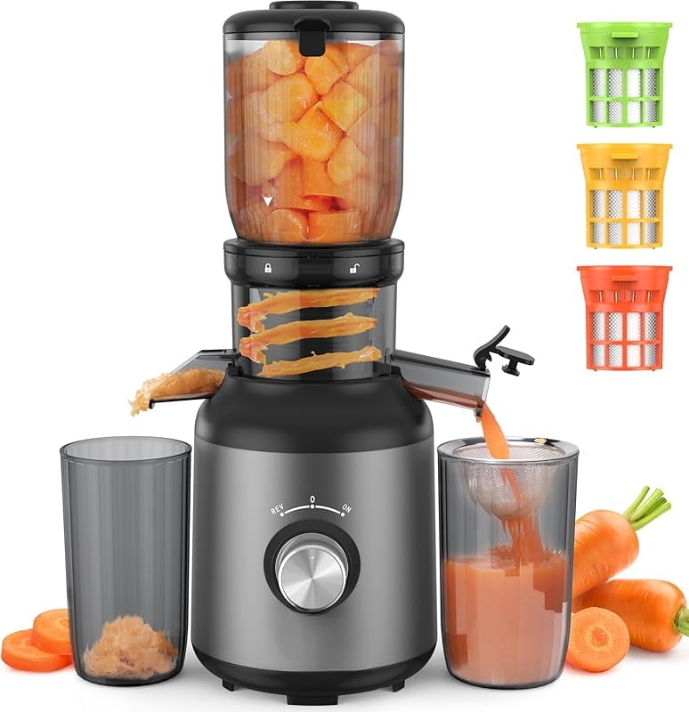 Juicer Machines, Cold Press Juicer with 4.3" Large Feed Chute for Whole Fruits & Vegetables, Slow Masticating juicers with 3 Replace Filters for Batch Juicing, Easy to Clean, BPA Free (Black)