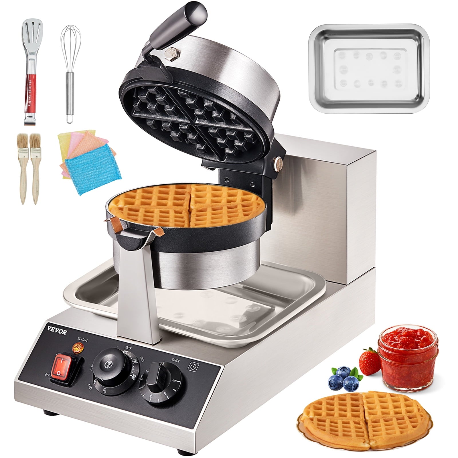 KFFKFF 1300W Rotatable Non-Stick Waffle Iron 120V Commerical Round Waffle Maker