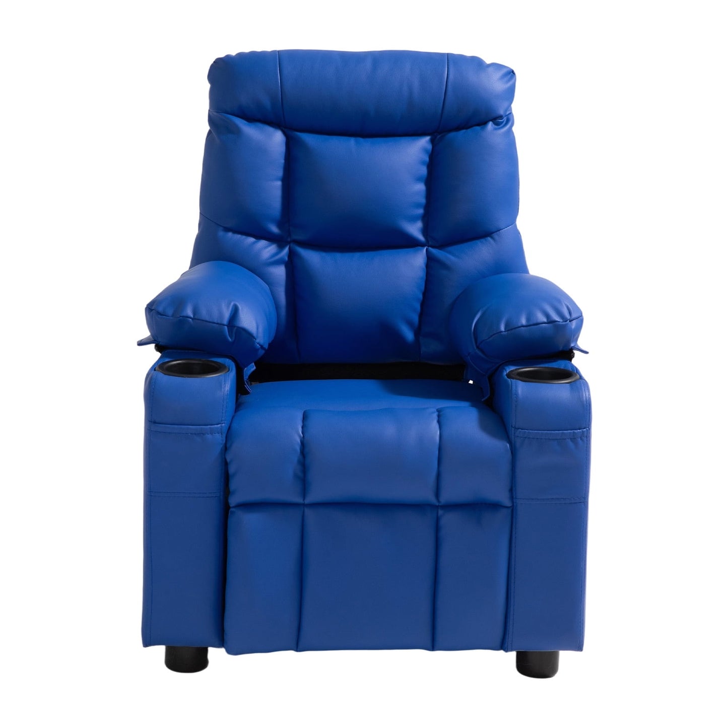 KFFKFF Children's Reclining Chair with Adjustable Backrest, Cup Holders, Pockets, and Easy-to-Clean PU Leather, Comfortable Couch with Footrest for Kids (Blue)