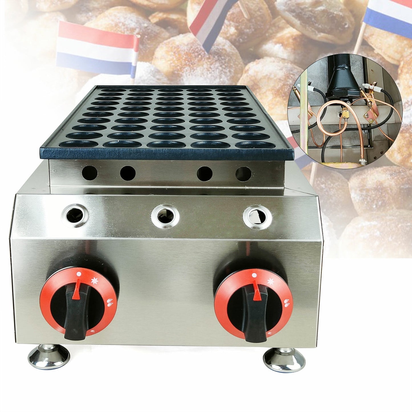 LPG Gas Poffertjes Maker 50 Holes Mini Dutch Pancakes Maker Machine Non-stick For Families, Fast Food Stores, Cafeterias, Bakeriesm