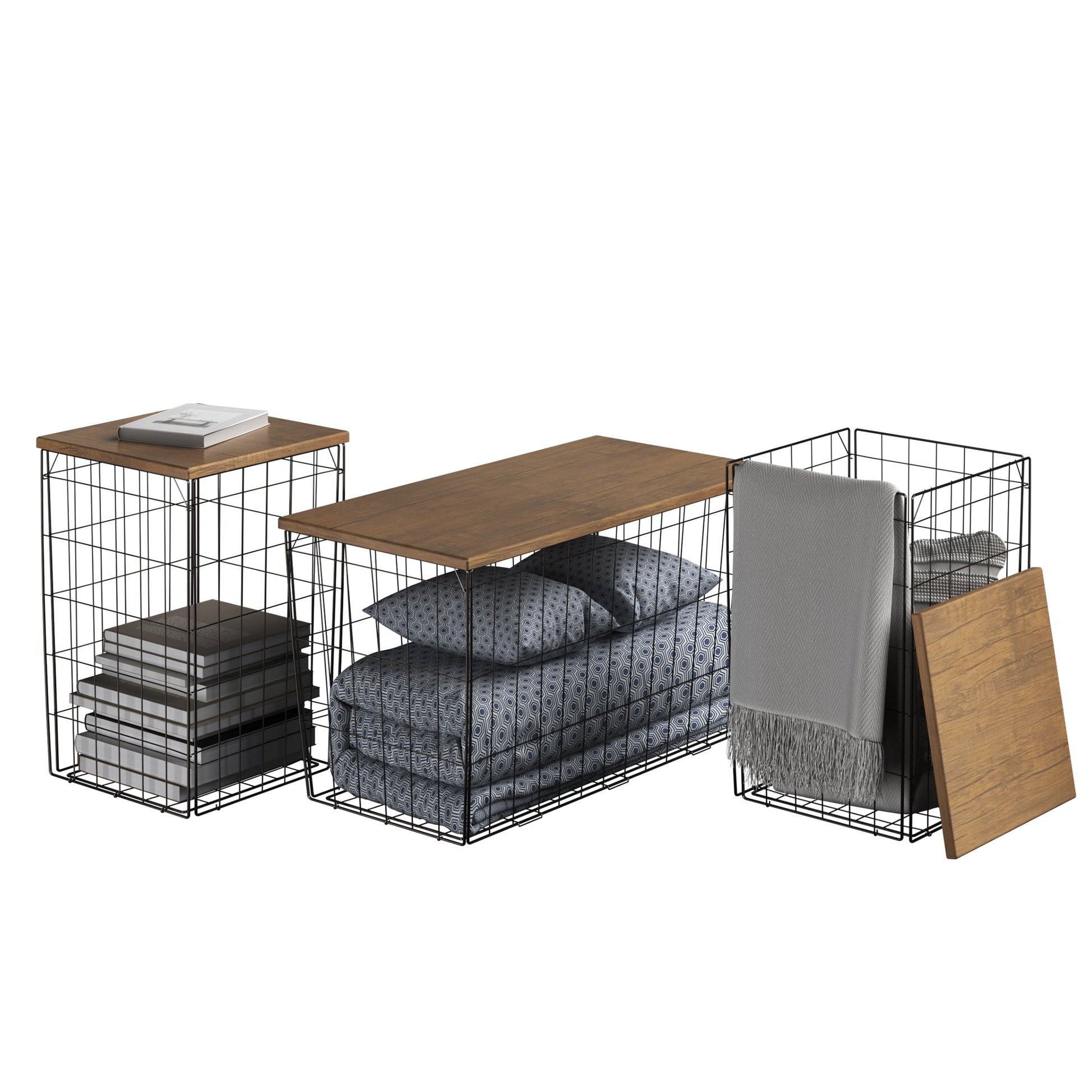 Lavish Home Set of 3 Living Room Tables - Metal Basket Storage with Removable Lids (Brown/Black)
