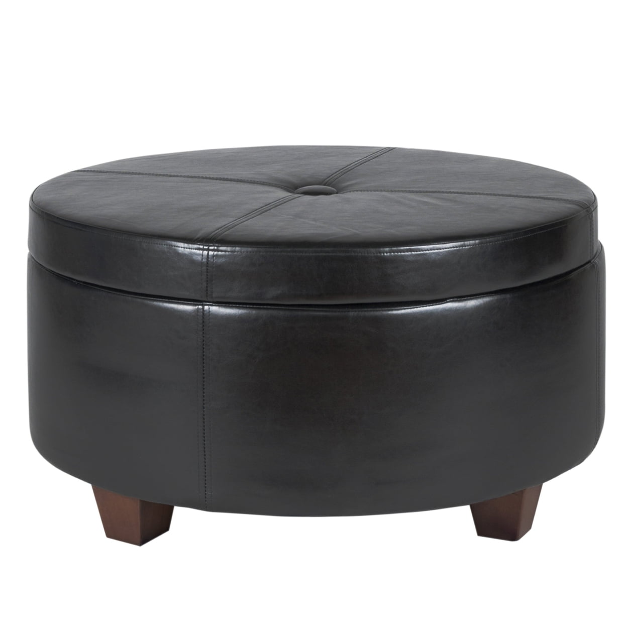 Leatherette Single Button Tufted Round Ottoman with Wooden Feet Large Black and Brown - Saltoro Sherpi