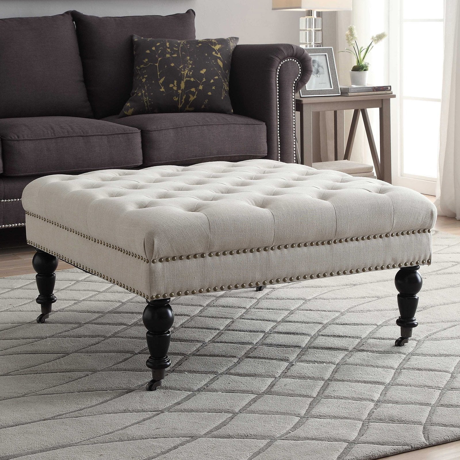 Linon Isabelle Square Upholstered Ottoman Black Legs in Natural Beige Fabric