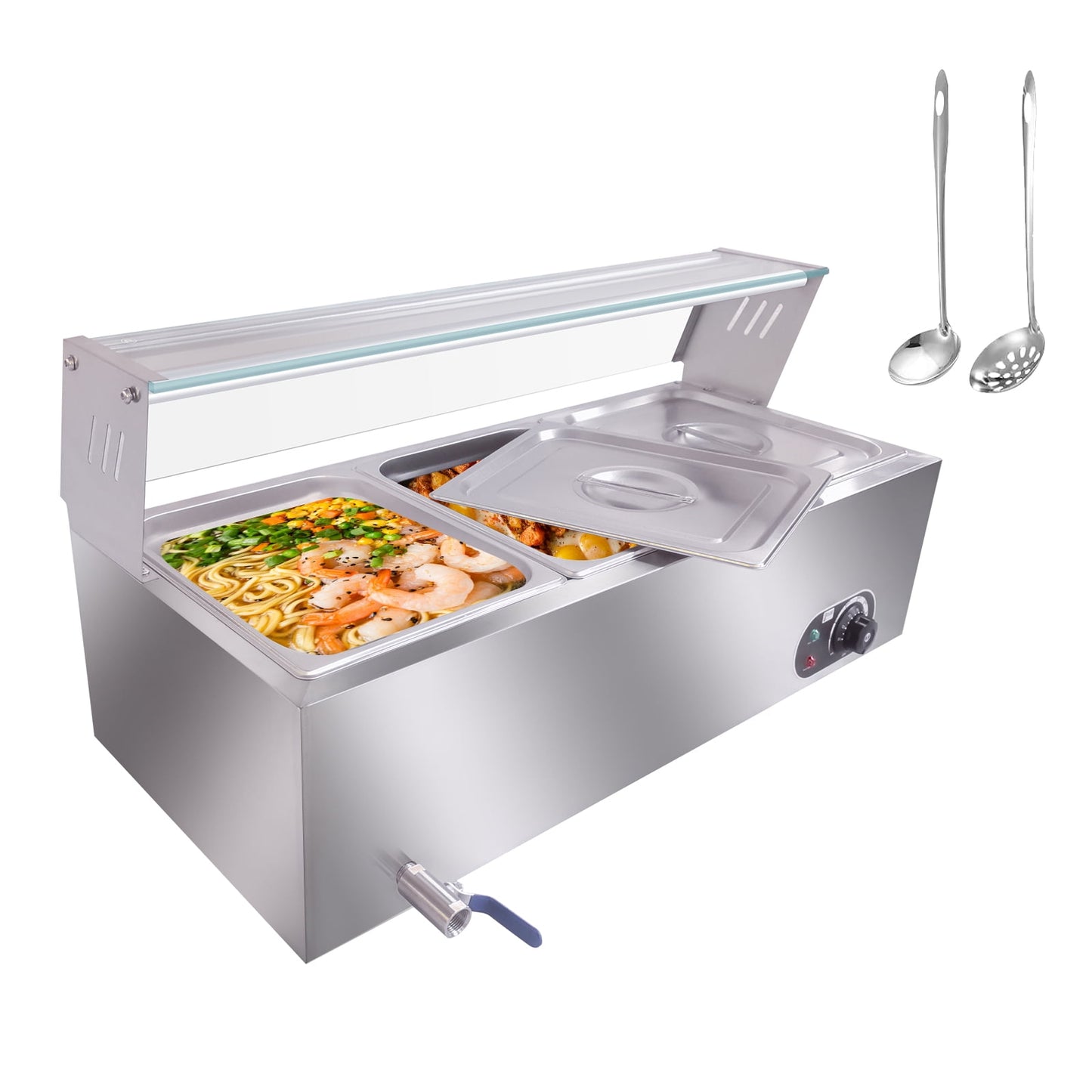 M optimized 3/6/10-Pan Commercial Food Warmer, Electric Steam Table, Stainless Steel Bain Marie with Tempered Glass Cover, 1500W Countertop Food Warmer 86-185°F Temp Control for Catering, Restaurant