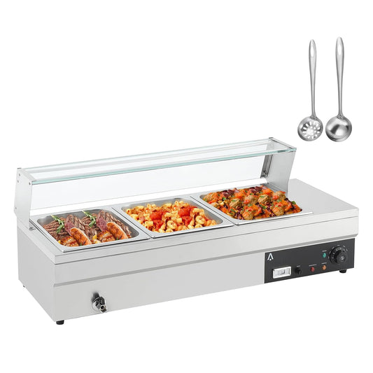 M optimized 36QT Commercial Food Warmer 3-Pan, 12QT*3 Capacity, 1500W Power, Tempered Glass Cover, 6" Deep Pans, and Adjustable Temp Control 86-185°F