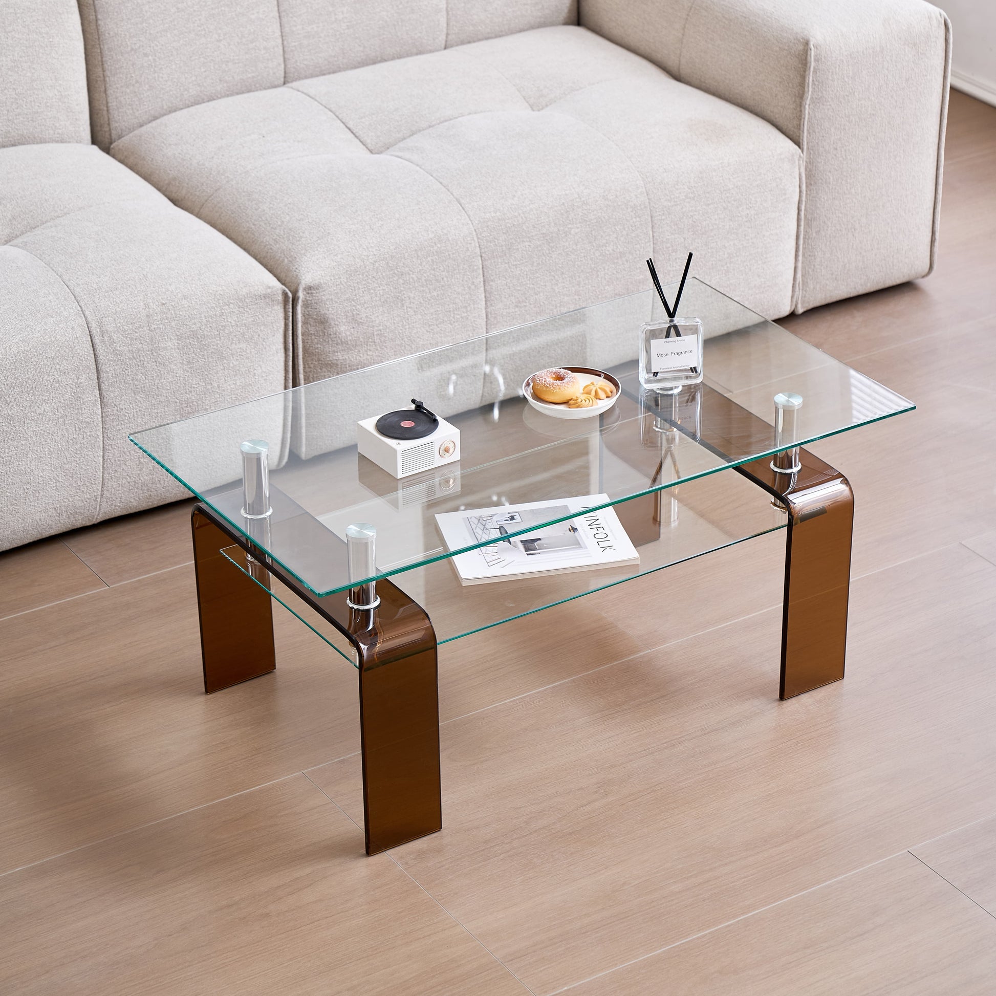 MAYEERTY Tempered Glass Coffee Table, Modern Glass Coffee Table for Living Room, 2-Tier Storage Center Coffee Table with Brown Legs