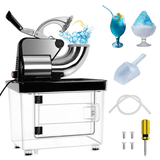 MIRROR Commercial Ice Crusher - 110V Electric Snow Cone Machine with Dual Blades, 300kgs/h, Stainless Steel Shaved Ice Machine for Family, Restaurants, Bars