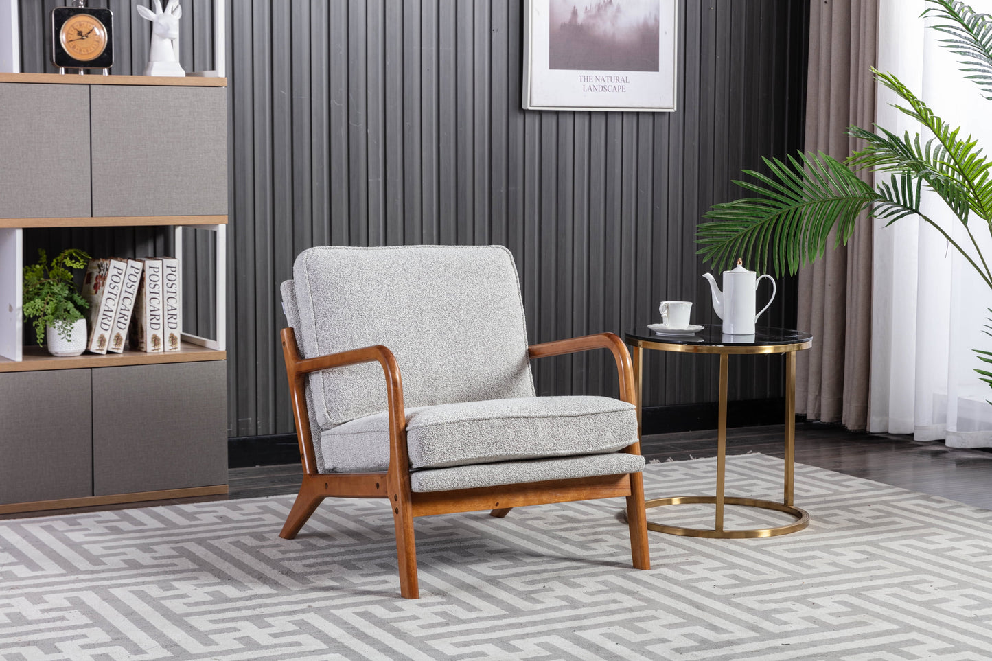 MOONMISS Boucle Upholstery Mid Century Wood Frame Accent Armchair for Living Room-Oyster Grey