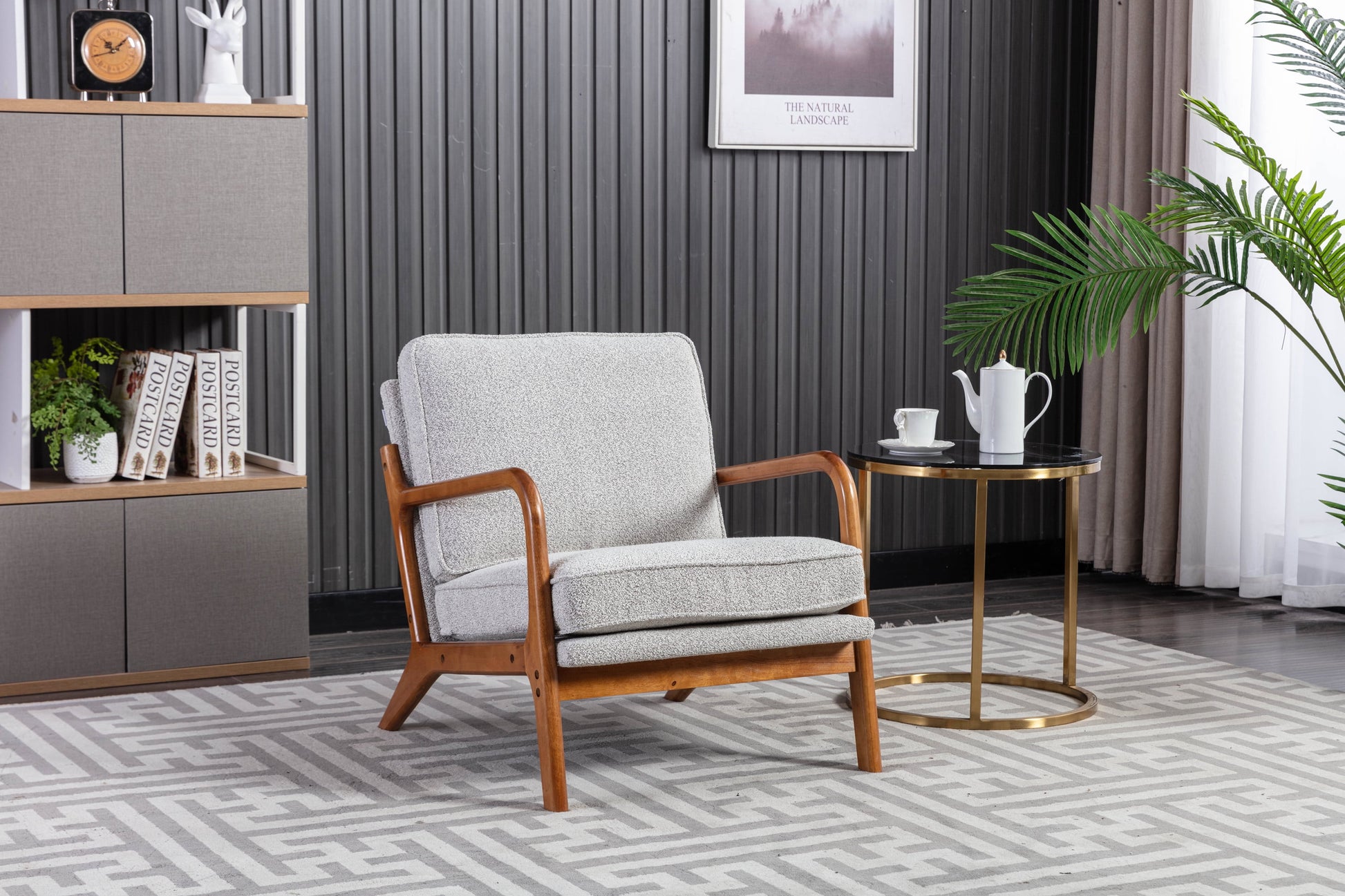 MOONMISS Boucle Upholstery Mid Century Wood Frame Accent Armchair for Living Room-Oyster Grey