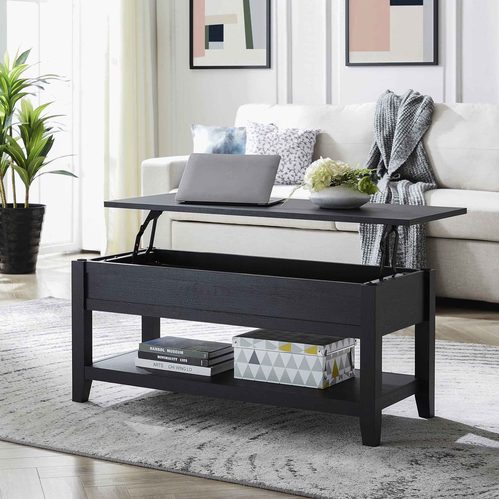 Mainstays Lift Top Coffee Table with Storage Shelf, Black wood finish