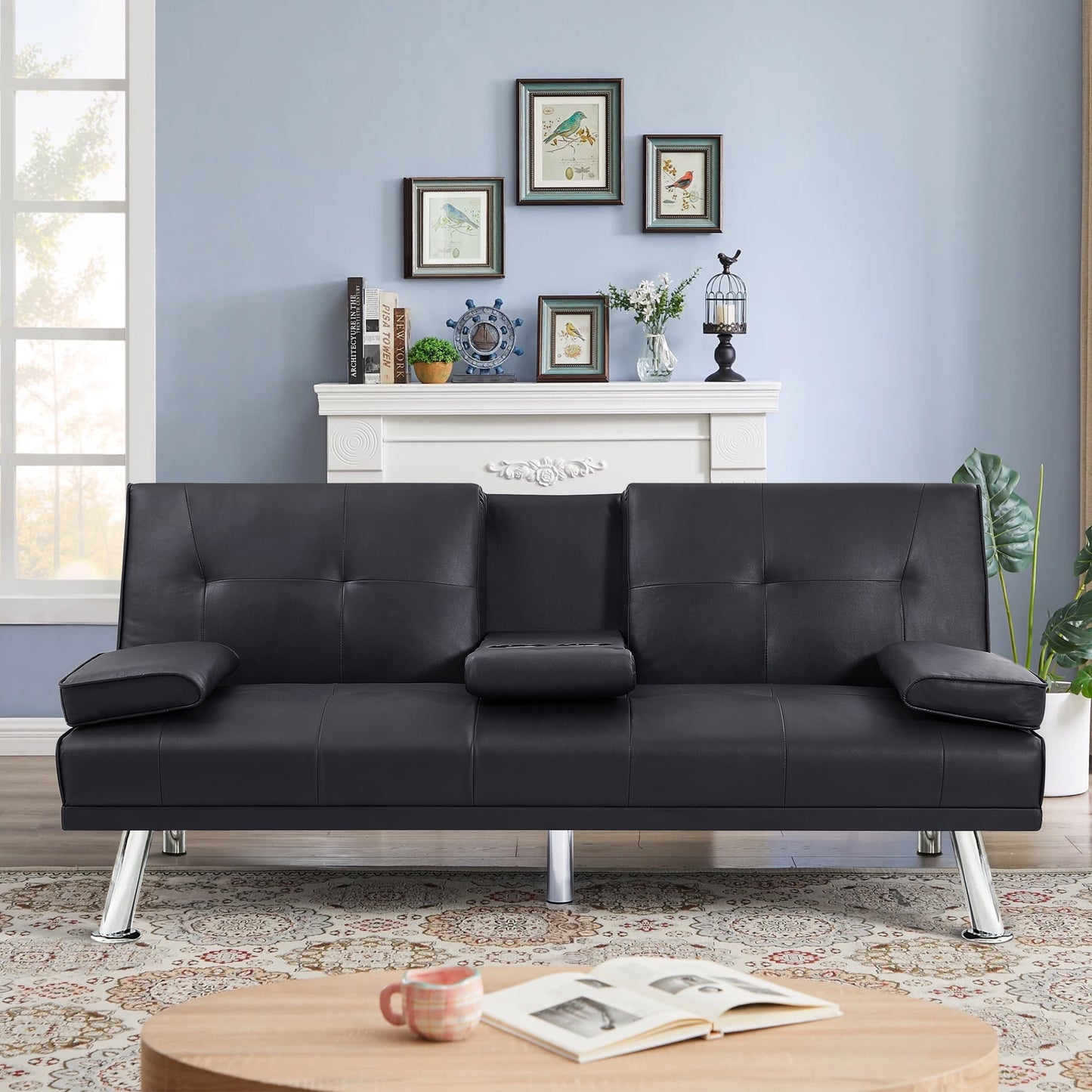 Folding Sofa Bed with Cup Holder Convertible Futon Couches Adjustable Backrest Modern PU Leather Furniture Upholstery for Living Room
