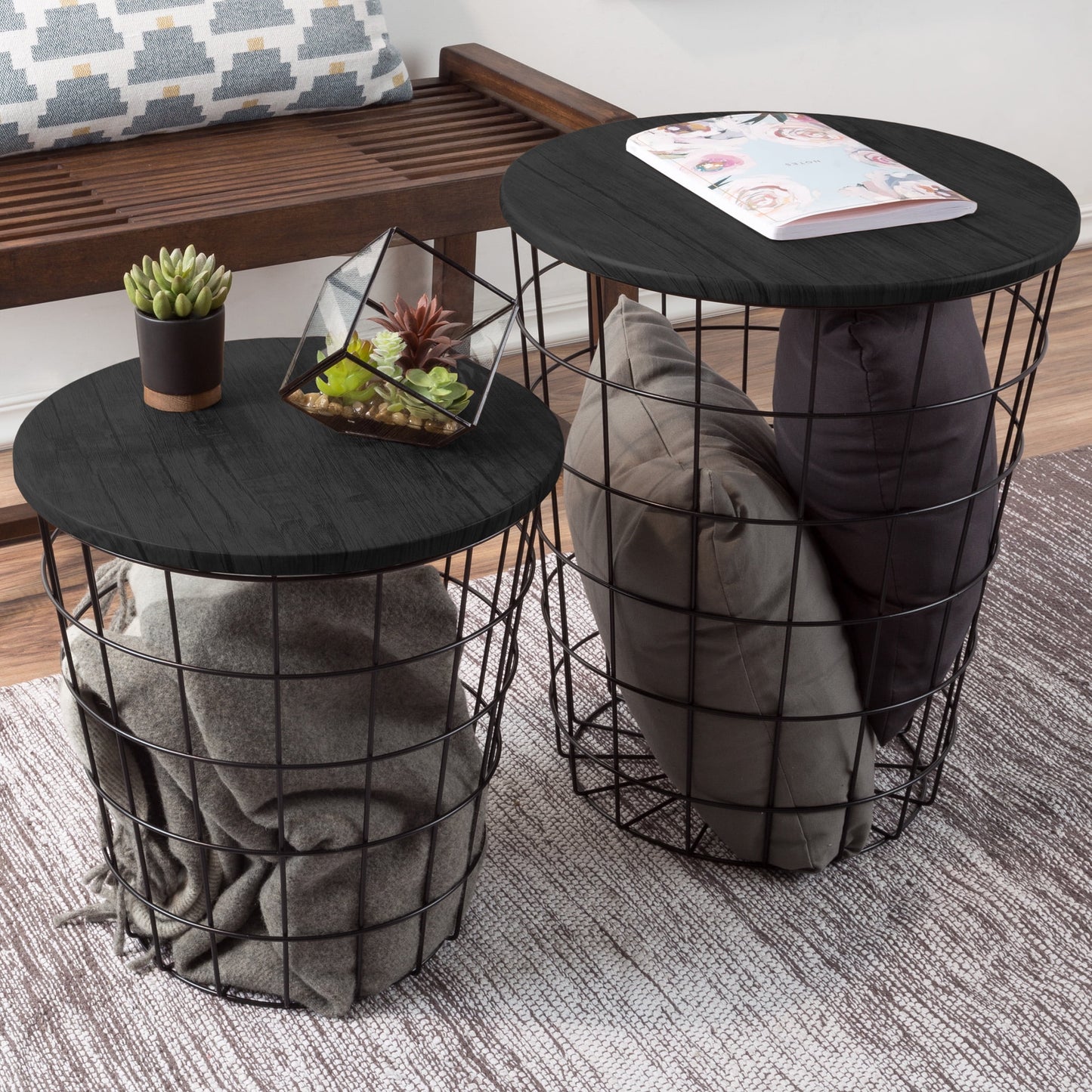 Nesting Side Tables With Storage - Set of 2 Gray Basket End Tables With Wooden Tops by Lav