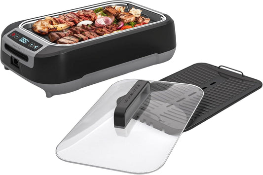 OVENTE Smokeless Indoor Grill, 1500W Electric Portable Korean BBQ Grill with One-Touch Control, LED Smart Display, Tempered Glass Lid, Two Removable Non-Stick and Dishwasher Safe Plates, Black SGR85B