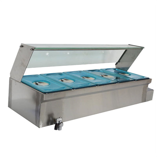 PreAsion 5-Pan Food Warmer Stove Bain-marie Commercial Canteen Buffet Steam Heater Table with Glass Guard