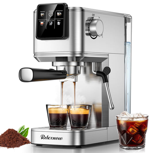 RELEXNOW Espresso Machine, 20 Bar Espresso Maker Milk Frother & LCD Panel, Hot & Iced with Rapid Cold Brew, Stainless Steel Espresso Coffee Machine with 41oz Water Tank for Cappuccino, Latte C101