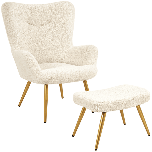 Renwick Boucle Accent Chair and Ottoman Set with Golden Metal Legs, Ivory
