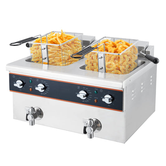 Roromall Electric Deep Fryer, 2*8-Liter Capacity, 1800W Upgraded Stainless Steel Deep Fryer with Removable Basket, Drain Valve and Timer, Adjustable Temperature, Silver