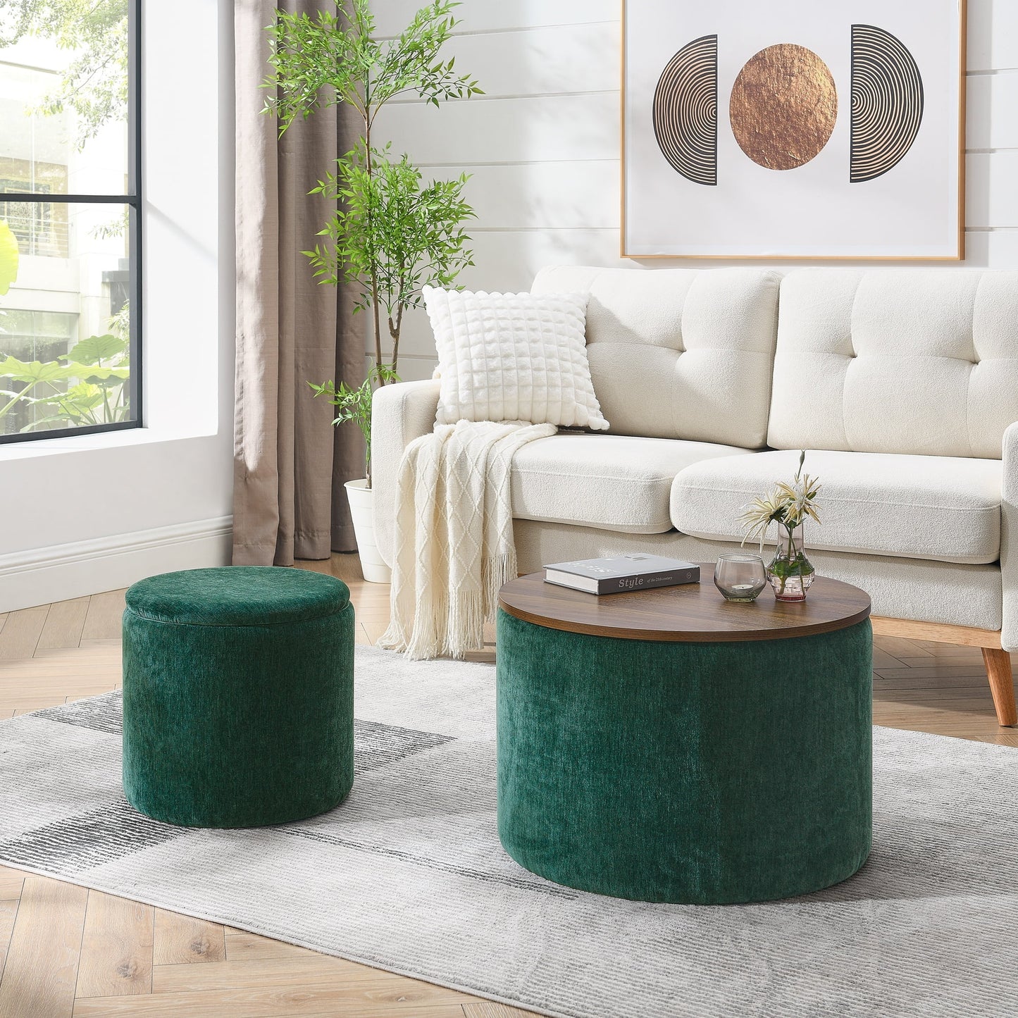 Round Ottoman with Storage Set of 2,Chenille Storage Ottoman with Small Stool for Living Room,Bedroom,Dark Green