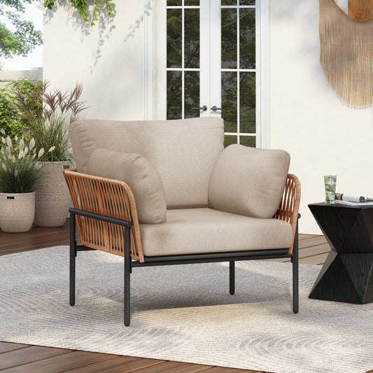 Ryder Modern Outdoor Patio Lounge Chair with Cushions, Rope Accents, Iron Frame, Beige+Natural