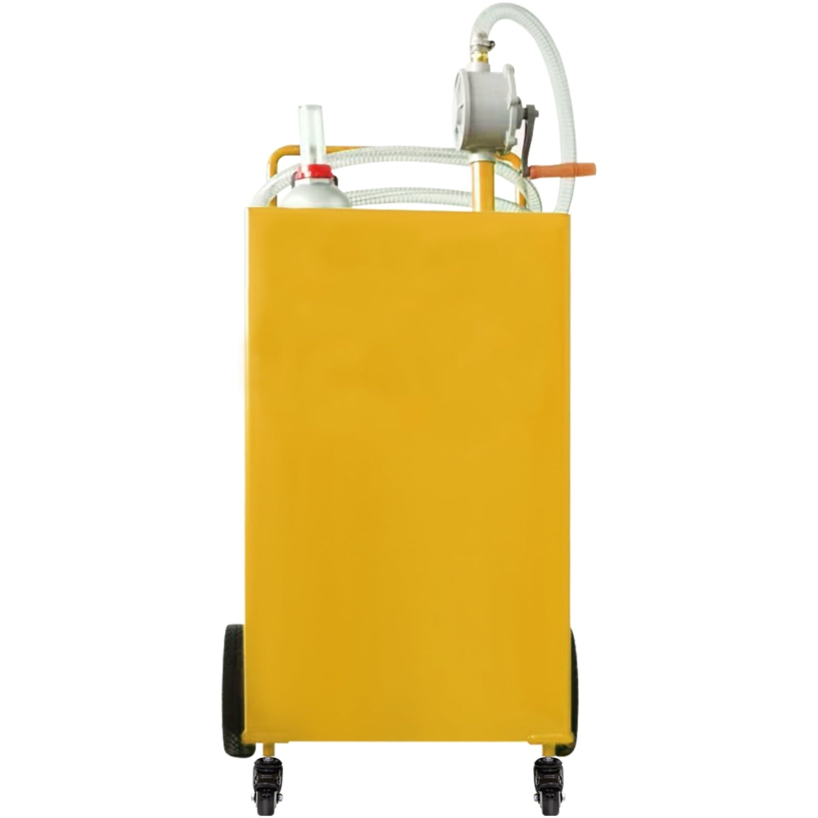 SKYSHALO Fuel Caddy, 30 Gallon, Gas Storage Tank & 2 Wheels, with Manuel Transfer Pump, Gasoline Diesel Fuel Container for Cars, Lawn Mowers, ATVs, Boats, More, Yellow