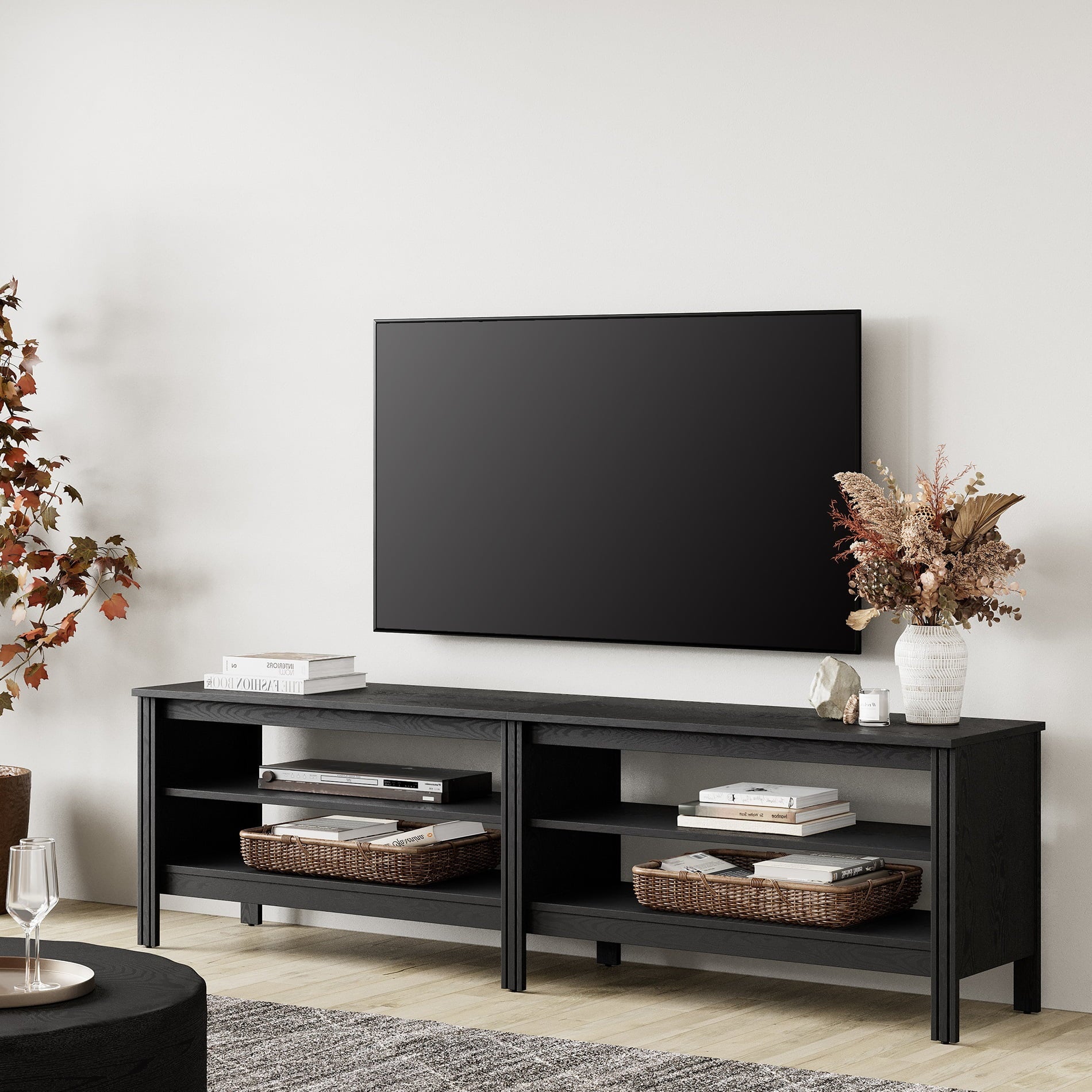 TV Stand for 75 Inch TV Entertainment Center Wood Television Table with 4 Open Shelves for Living Room, Black 70 inch