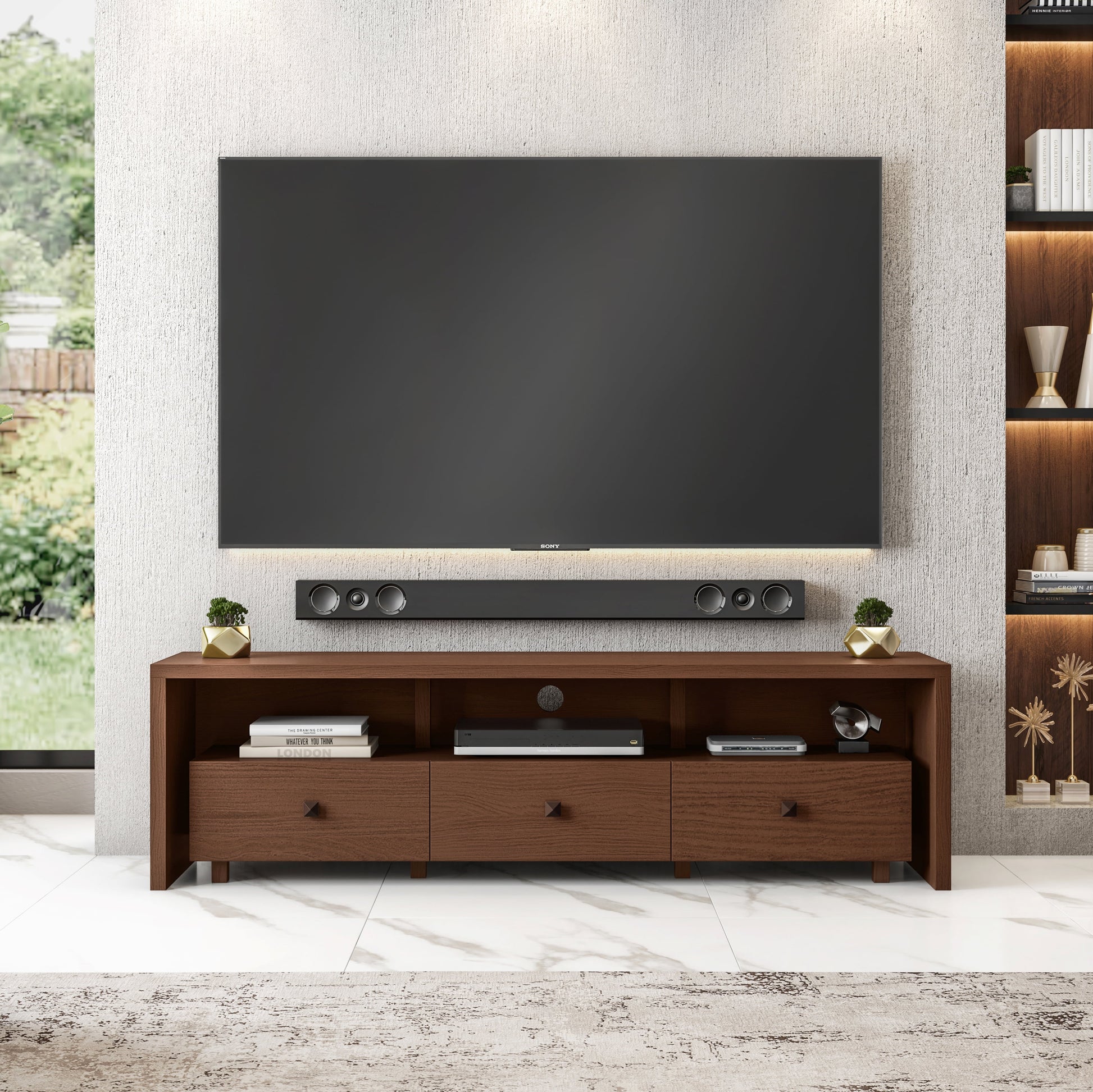 Techni Mobili Elegant Modern TV Stand for TVs up to 75" with Storage, Wood-like Finish, Hickory Brown RTA-8895-HRY