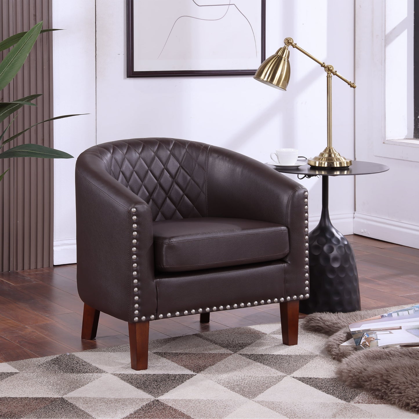 TrumanPick Accent Chair, Faux Leather Barrel Chair Cozy Modern Club Chair with Soft Padded and Solid Wood Legs for Living Room/Bedroom/Waiting Room, Brown