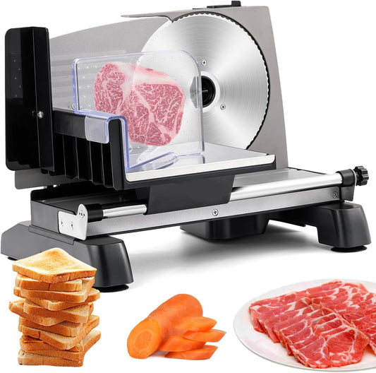 Trumoontree Meat Slicer Electric Food Slicer with 2 Stainless Steel Blades, 0-18mm Adjustable Thickness, Frozen Meat/Cheese Slicer for BBQ Hot Pot Child Lock Protection, 200W 110V