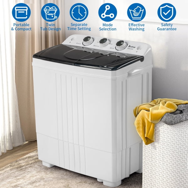 20Lbs Semi-Automatic Twin Tub Washing Machine with Drain Pump - Compact Portable Washer for Apartments, Dorms, RVs, White&Black