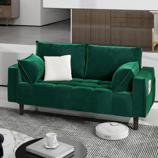 Uforic 56" Velvet Loveseat Sofa, Modern Comfortable Sofa Loveseat Small Sofa Couch with Side Storage Pockect & 2 Pillows, Button Tufted Seat Cushion for Living Room Bedroom Apartment, Green
