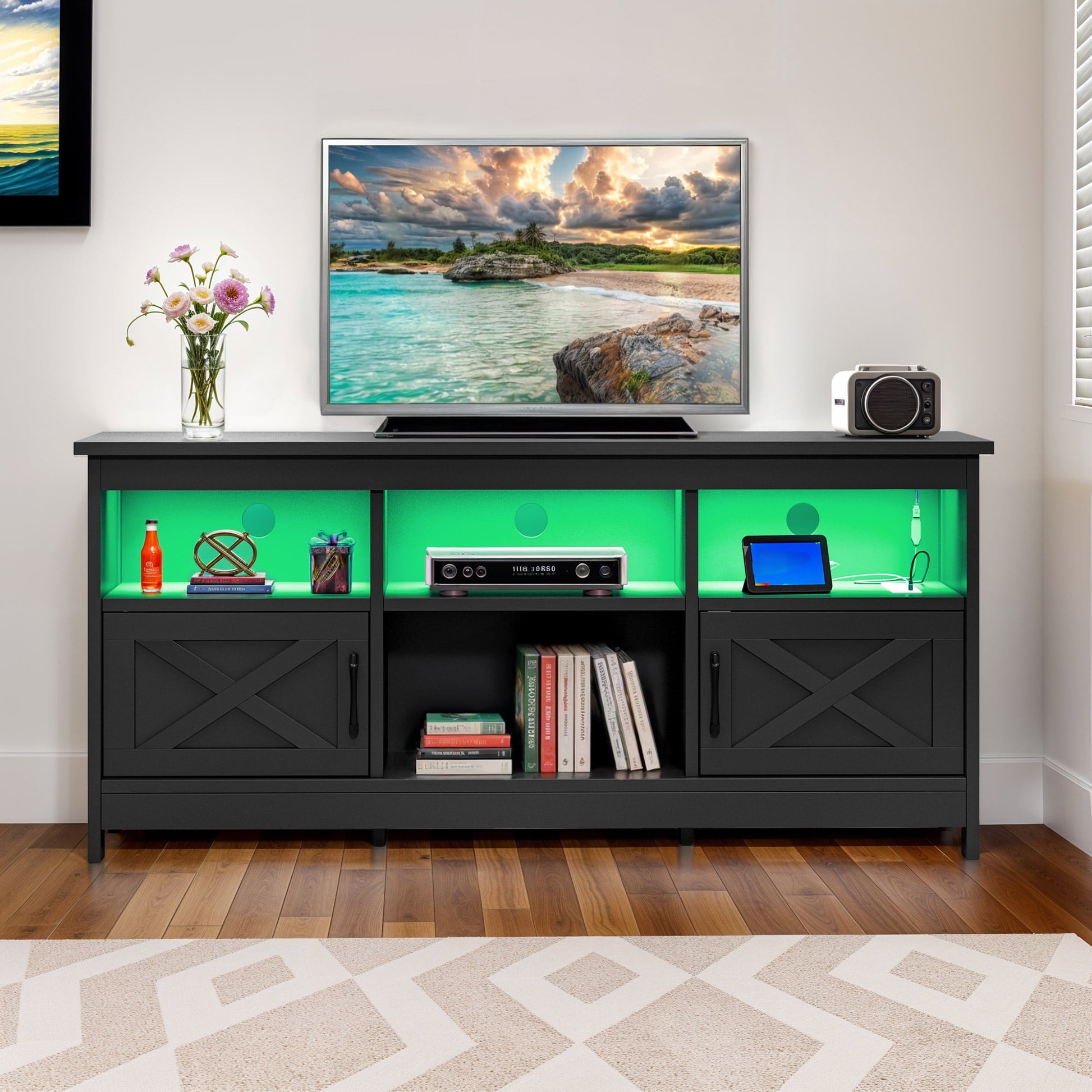 Uforic Farmhouse 59'' TV Stand with Storage Cabinets for Living Room, Bedroom, Black