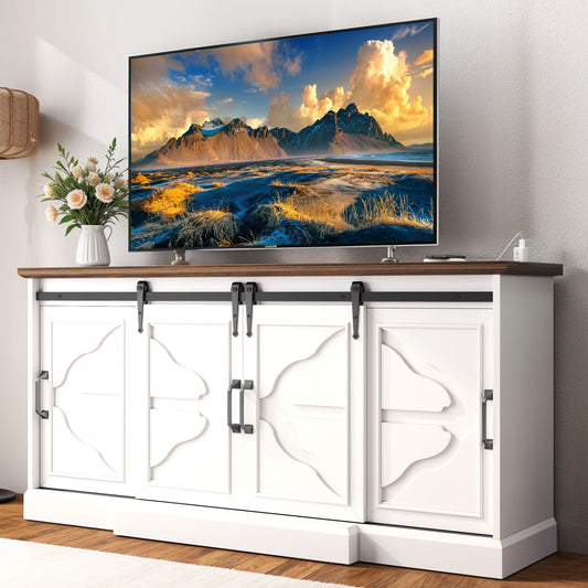 Uforic Large TV Stand with Power Outlets for TVs up to 70 Inch, Farmhouse Entertainment Center, White and Brown