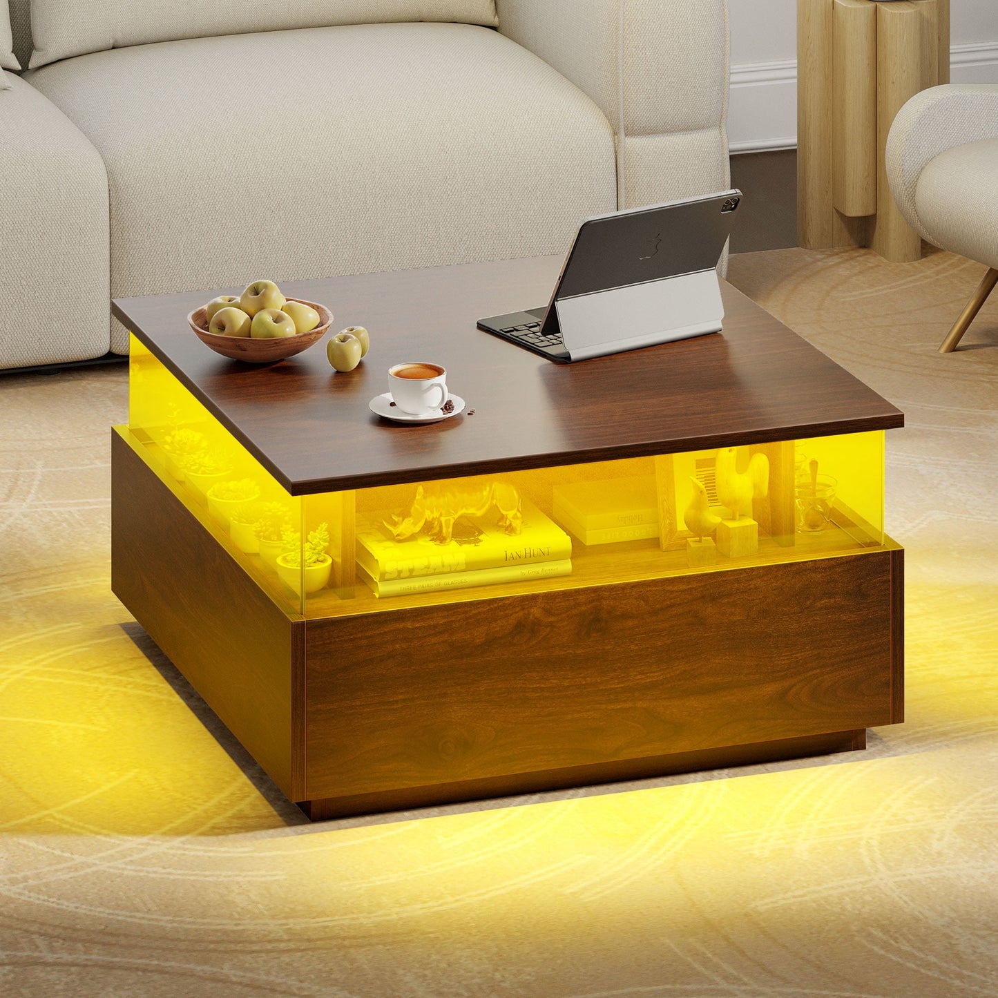 Uforic Square LED Coffee Table with 4 Drawers, Acrylic Living Room Table with Storage Shelf, Black