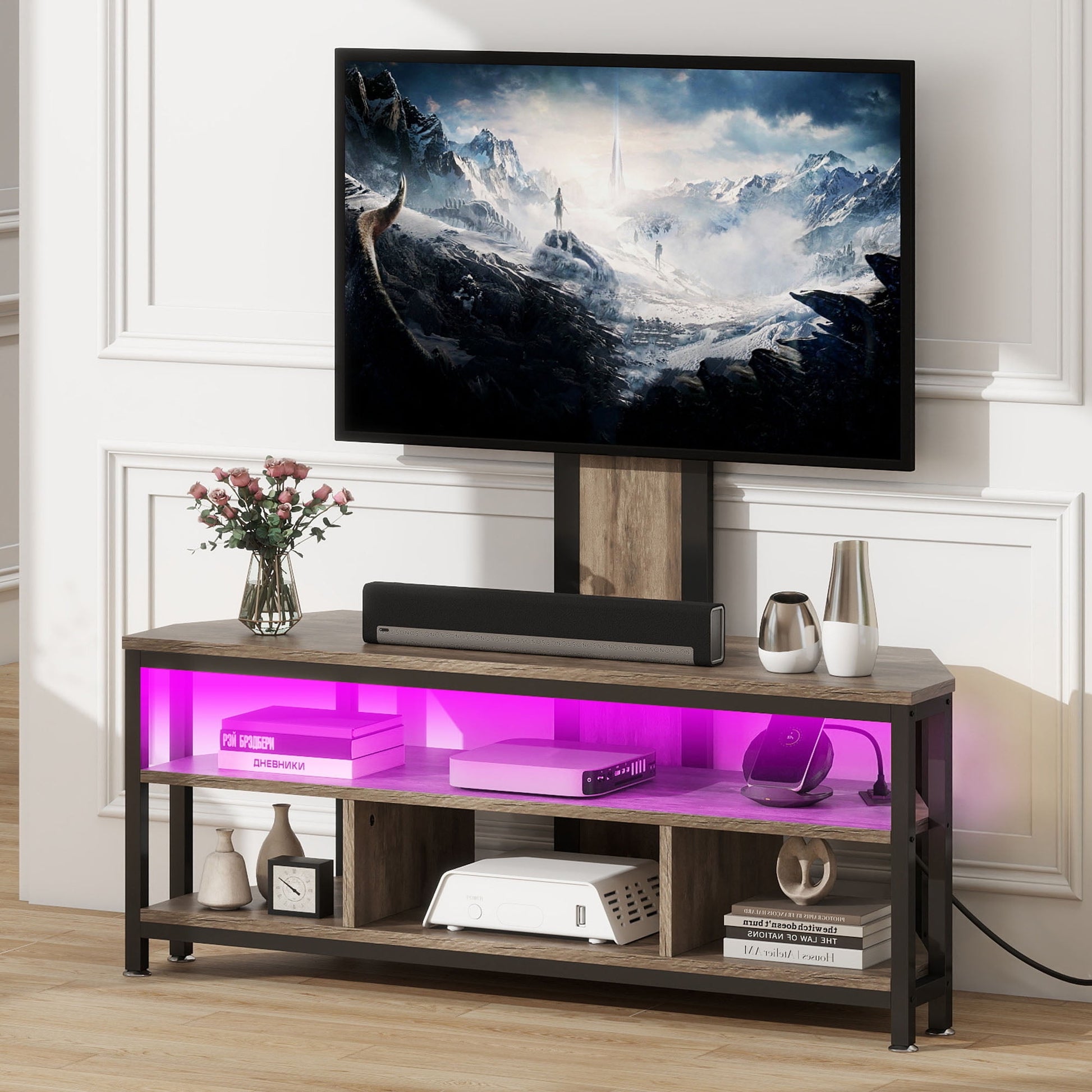 Uforic TV Stand Mount with Power Outlet, LED Entertainment Center for TVs up to 70 inches, Gray