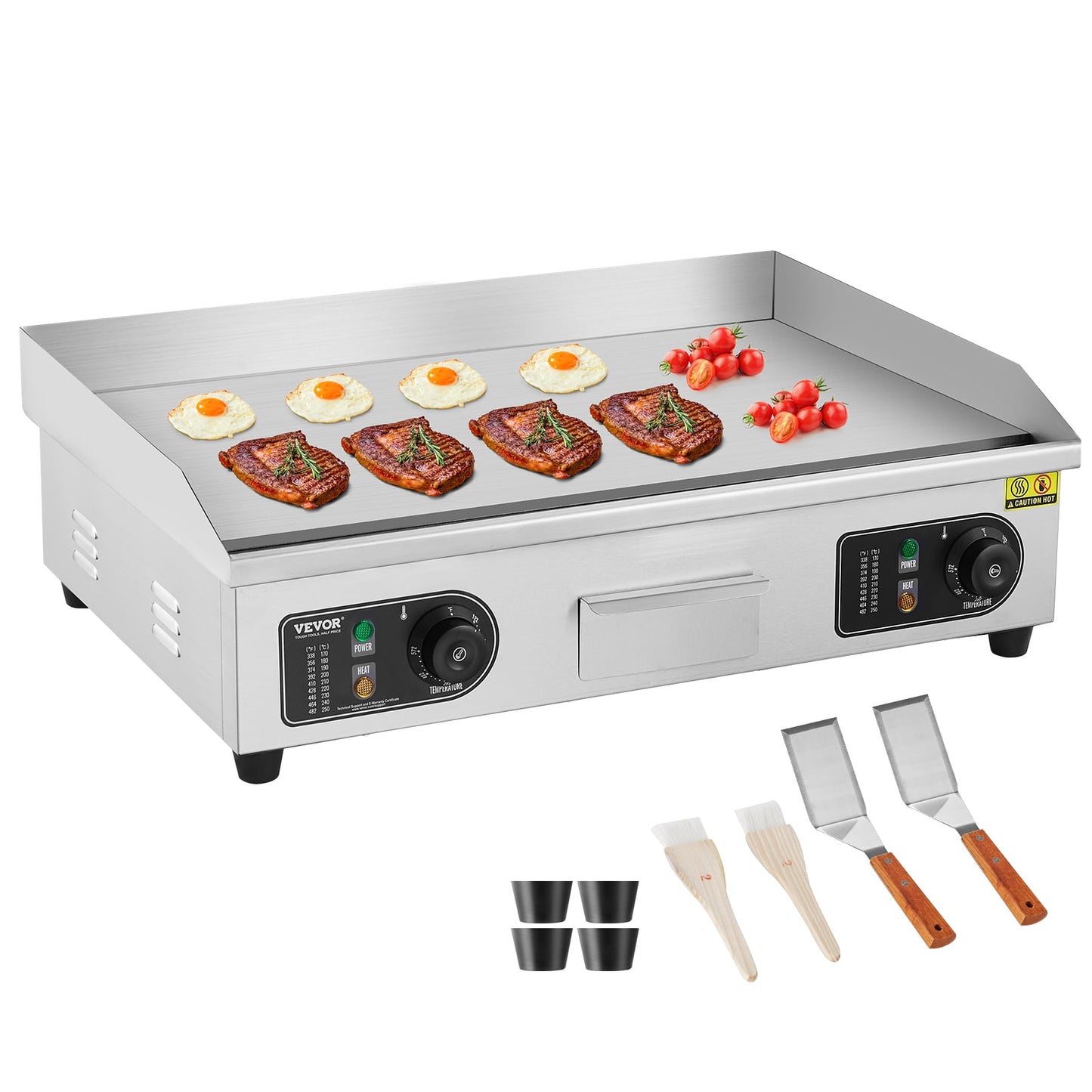 VEVOR Commercial Electric Griddle,2800W Countertop Flat Top Grill,122℉-572 ℉ Adjustable Temp,25.98x15.75x0.39in Stainless Steel Griddle Grill with 2 Shovels,2 Brushes,for Home Restaurant(No Plug)