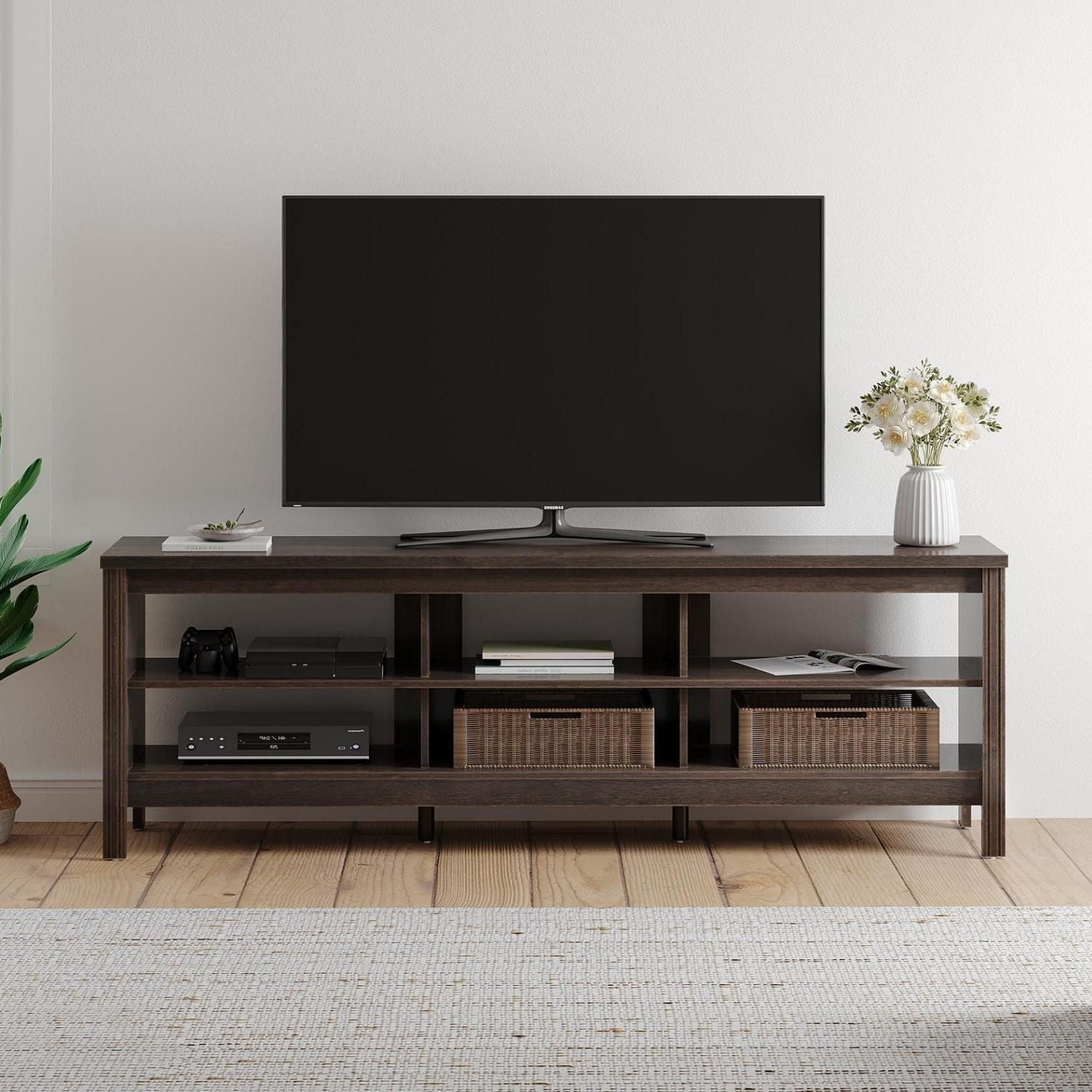 WAMPAT Farmhouse TV Stand for TVs Up to 75 inch, Espresso Entertainment Center TV Console Table for Living Room & Bedroom
