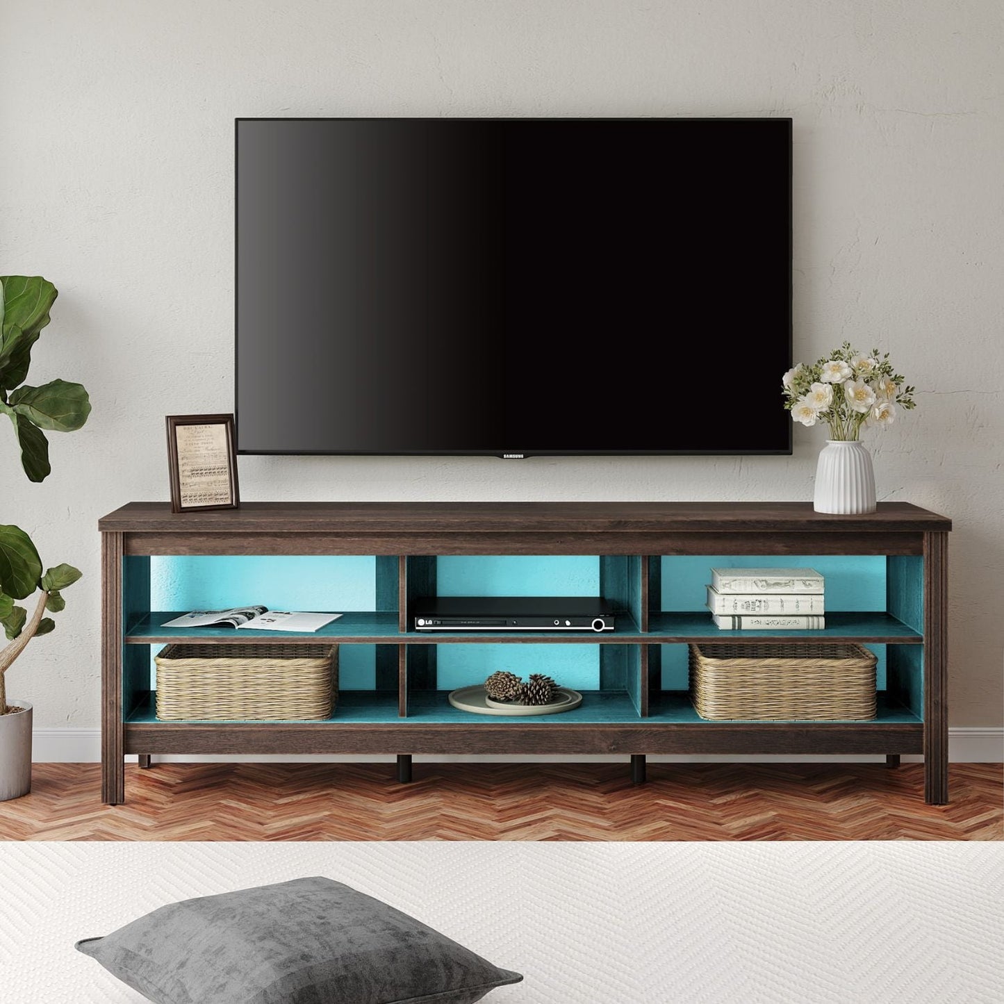 WAMPAT TV Stand for TVs Up to 75 inch with Multi-color LED Light, Espresso Entertainment Center TV Console Table for Living Room & Bedroom, 70 inch