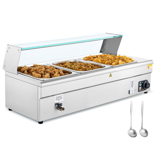 WILPREP Commercial Food Warmer w 3 1/2 Pans Drain Valve Adj. Temp Sneeze Guards