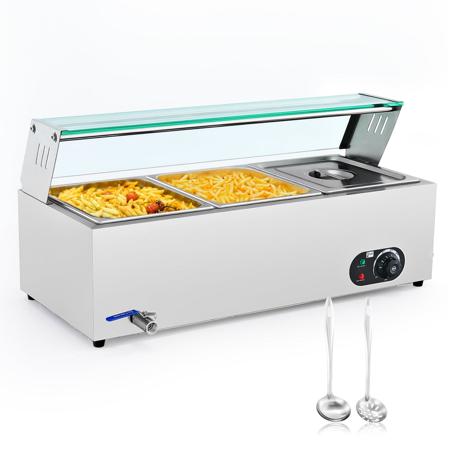 Wilprep 3 Pan Bain Marie Food Warmer Buffet Server & Warmer w Glass Shelf Ladle Skimmer