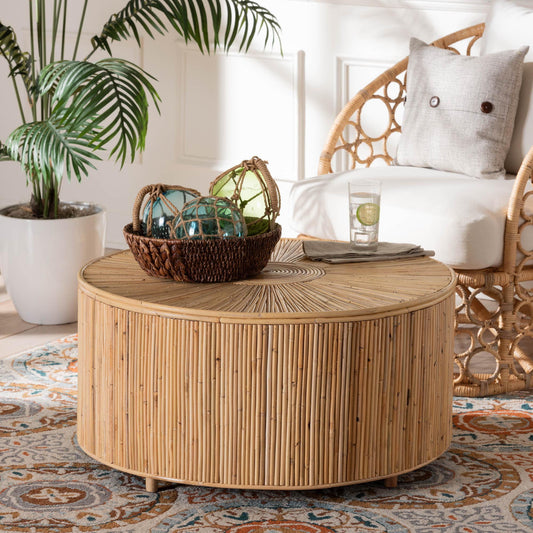 bali & pari Miami Boho Coffee Table, Natural Rattan, Light Honey