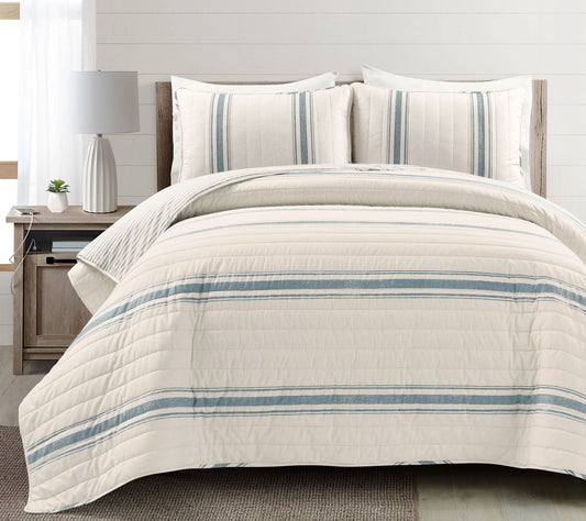 Farmhouse Stripe Reversible Cotton Quilt Blue 3Pc Set King