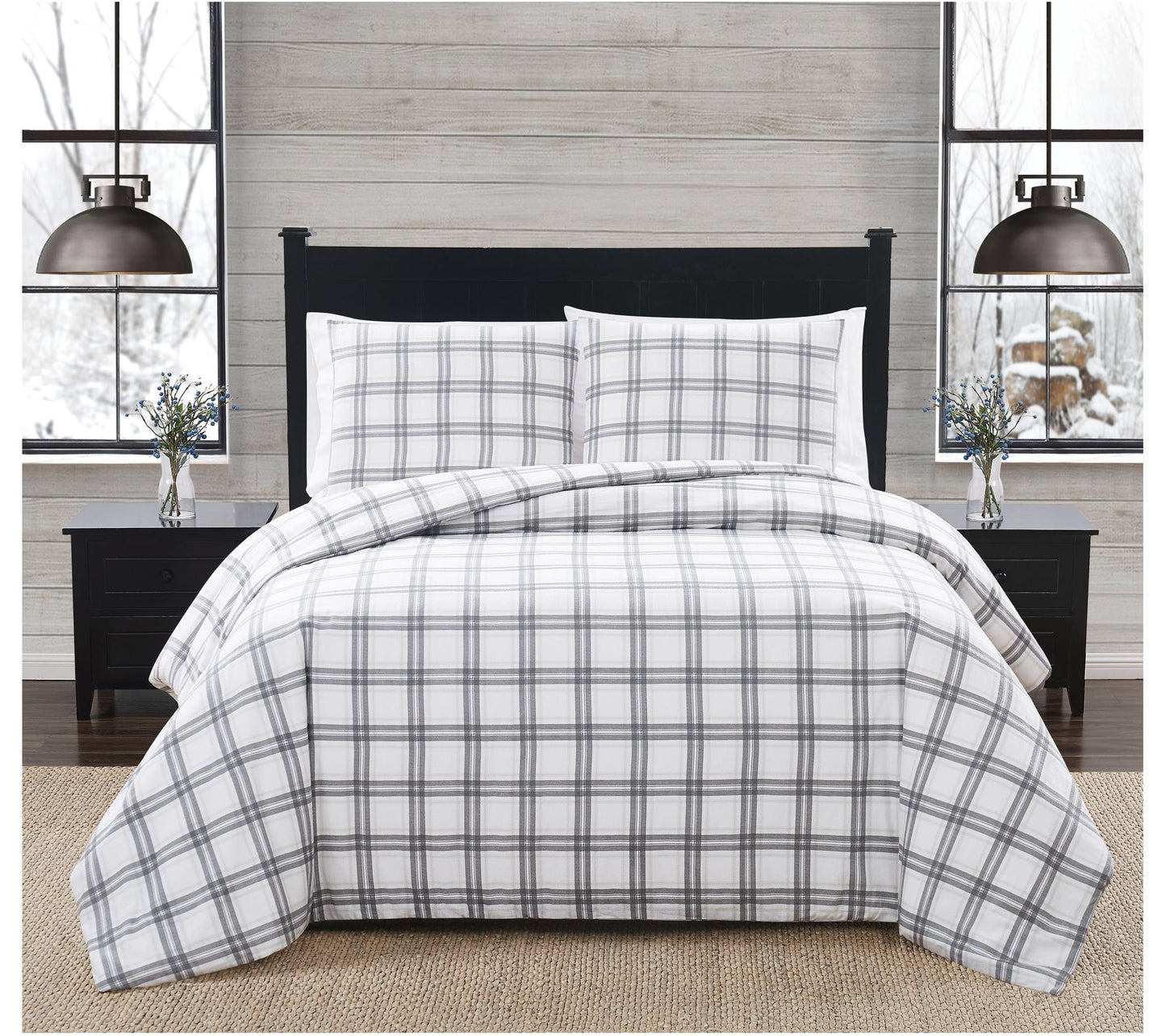 London Fog Grey Plaid Twin XL 2 Piece Flannel Comforter Set