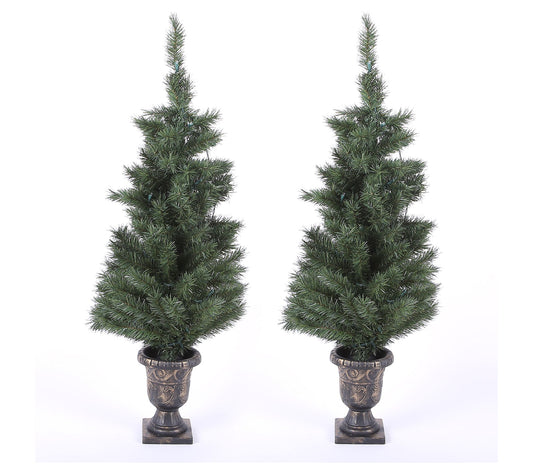 LuxenHome Set of 2 Pre-Lit 4ft Porch PVC Trees