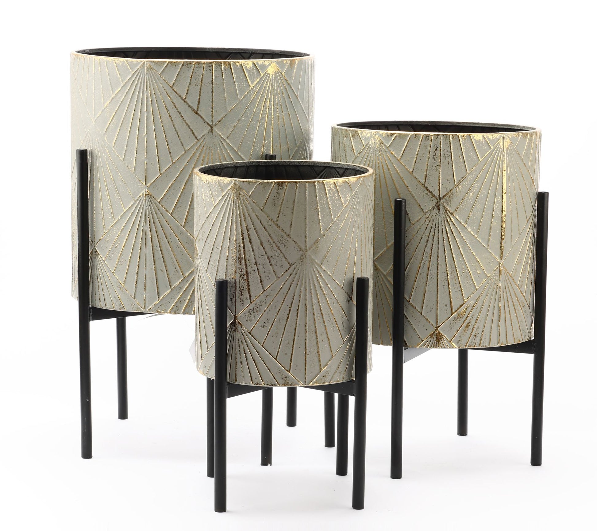 Luxen Home 3-Pc White/Gold Metal Planters with Black Stand