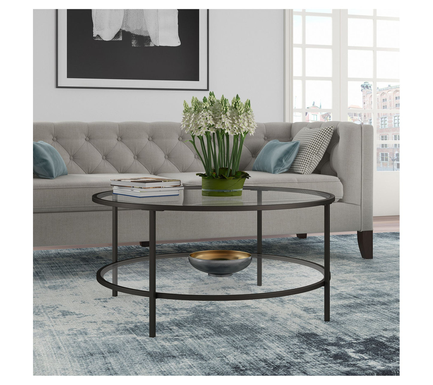 Hudson & Canal Sivil 36" Round Coffee Table W/Glass Shelf