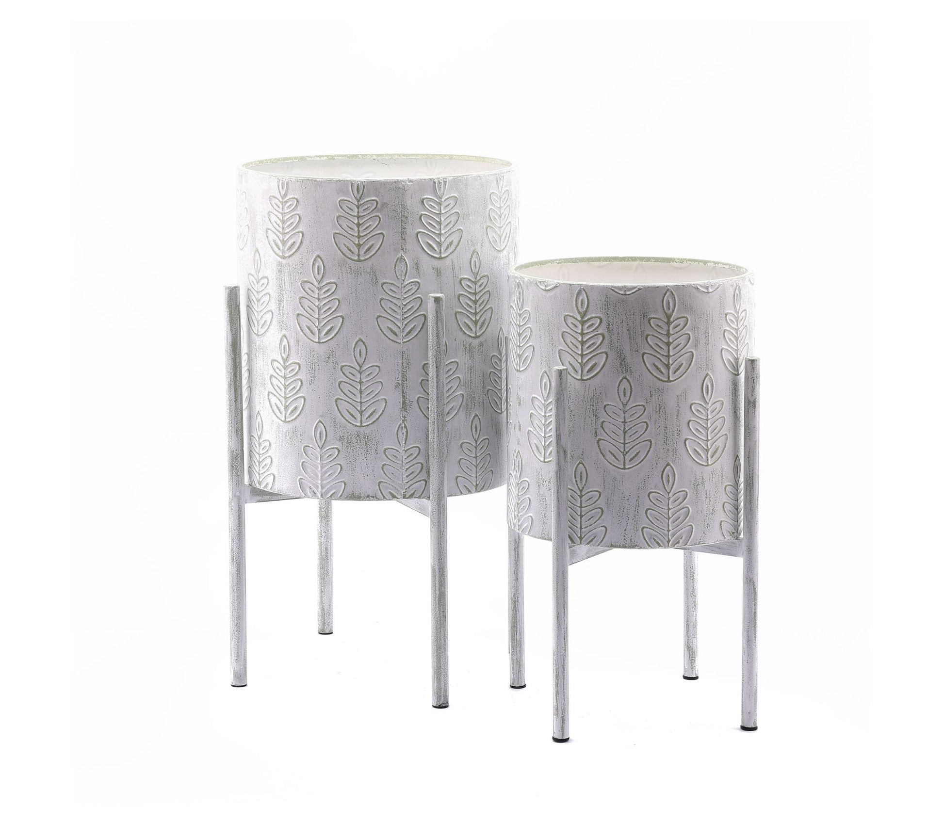 LuxenHome 2-Pc White Metal Leaf Cachepot Plante rs w/Stand